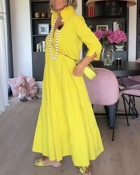 Casual solid color lapel pocket patchwork dress