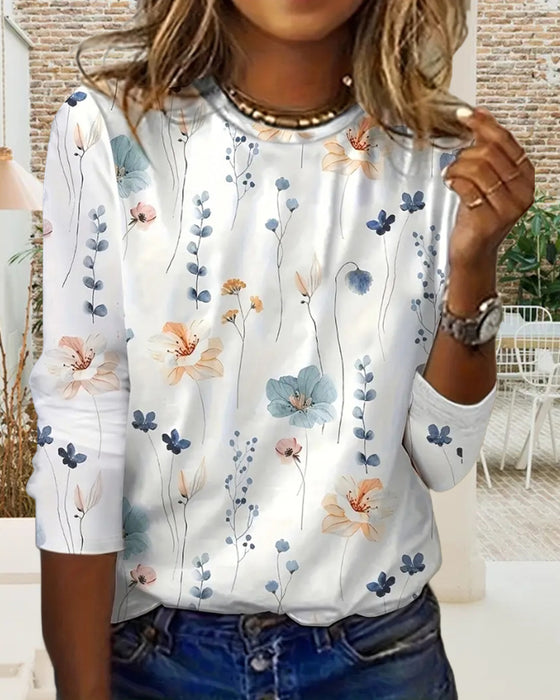 Round neck long sleeve printed top