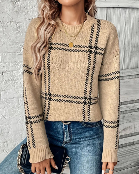 Long-Sleeved Plaid Pullover Sweater