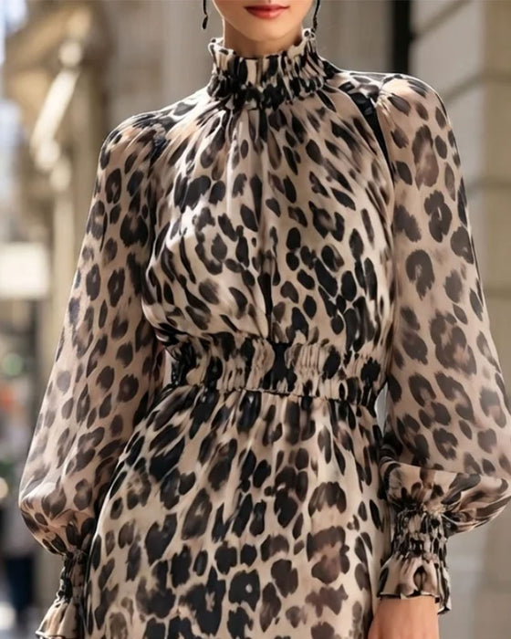 High Neck Leopard Cinched Waist Ruffle Dress
