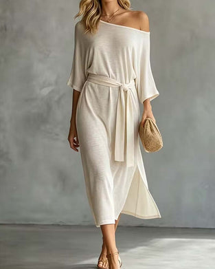 Off-Shoulder Tie Slit Dress