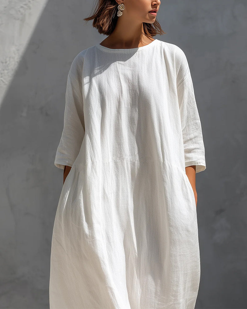Half Sleeve Solid Color Loose Cotton Dress