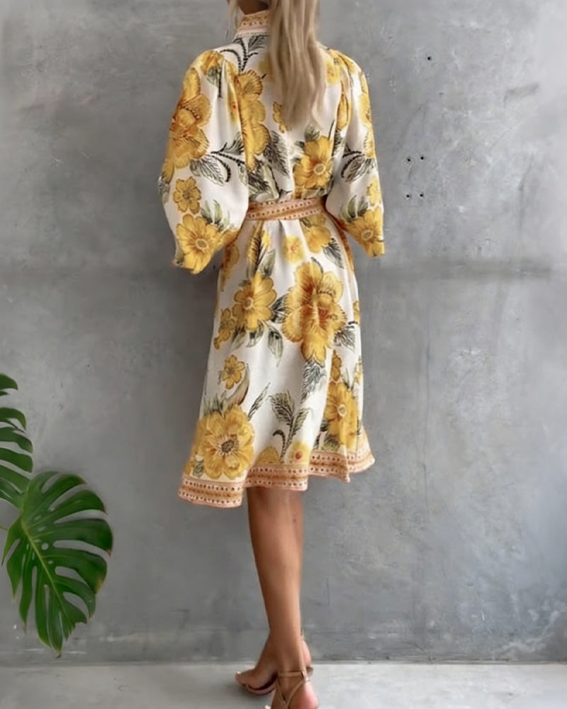 French Lantern Sleeve Notched Collar Printed Dress