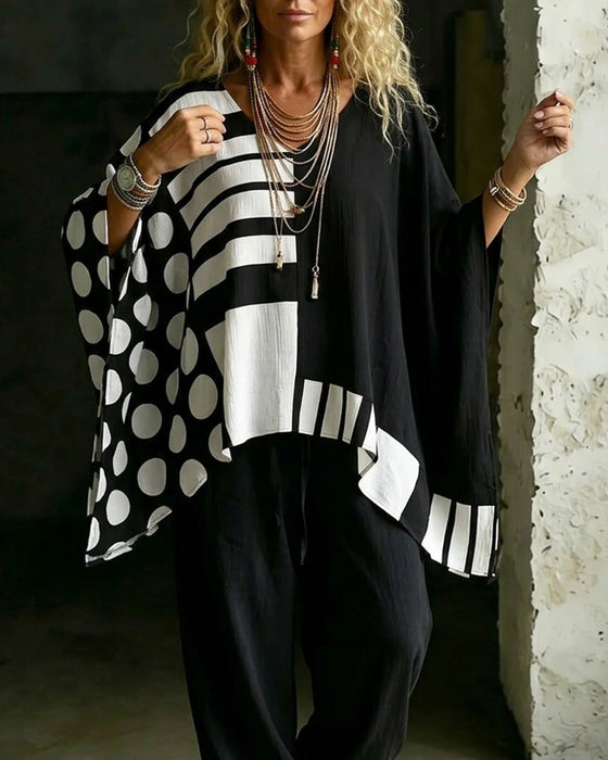 Polka Dot Stripe Patchwork V Neck Blouse