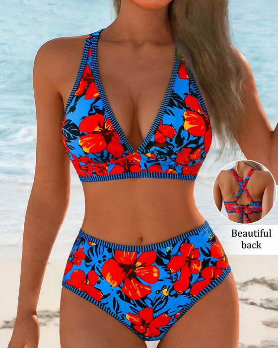 Floral Deep-V High-Waist Bikini