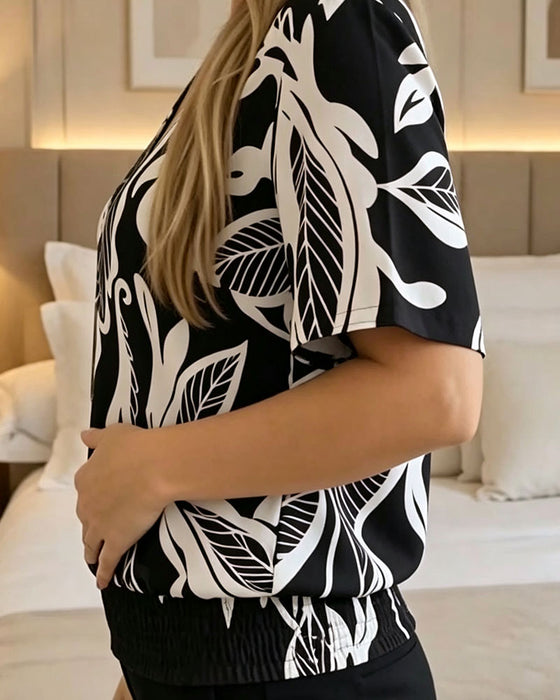 Floral Print Elastic Hem Short Sleeve Blouse