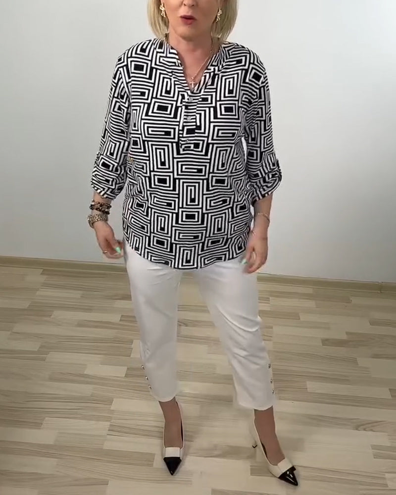 Geometric Semi-Open Collar Three-Quarter Sleeve Shirt