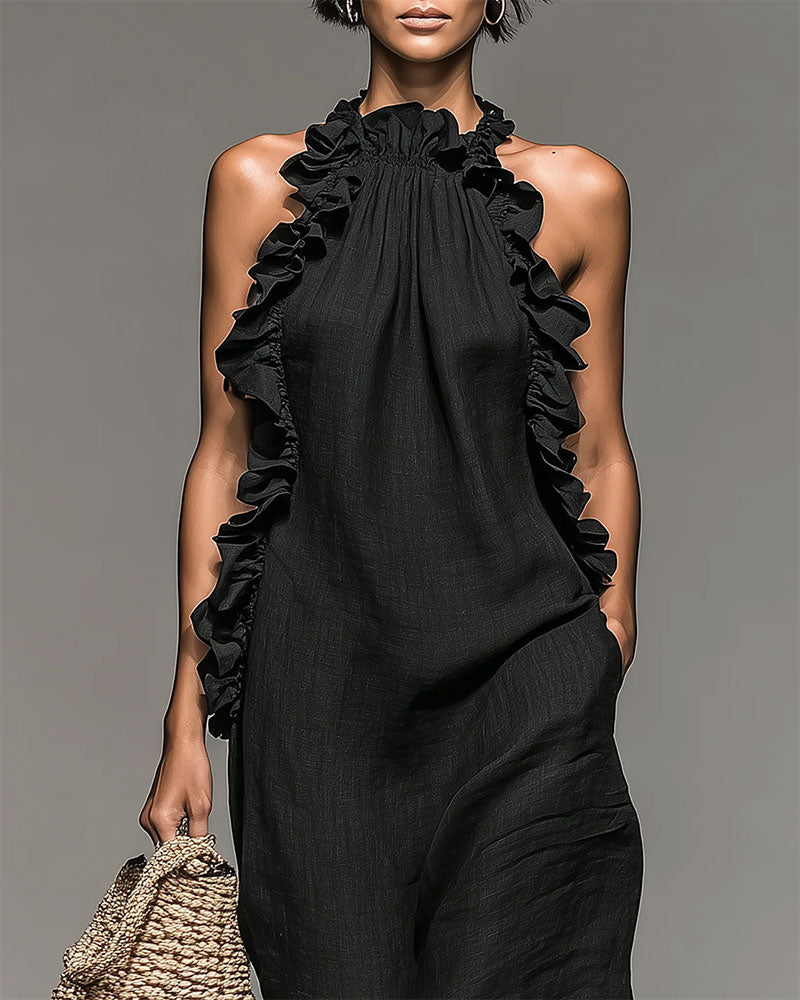 Halterneck Ruffled Long Dress