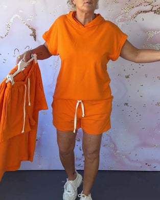 Loose solid color hooded short-sleeve set