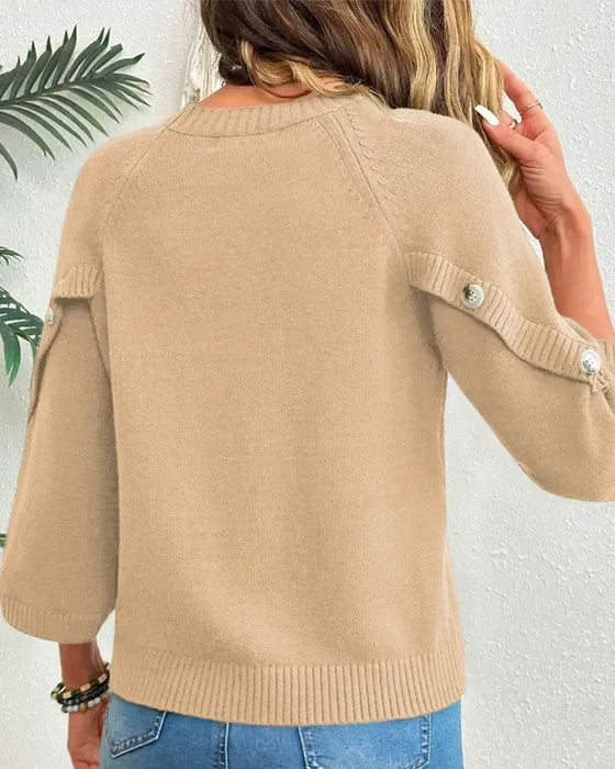 Crew Neck Button-Up Bell Sleeve Pullover