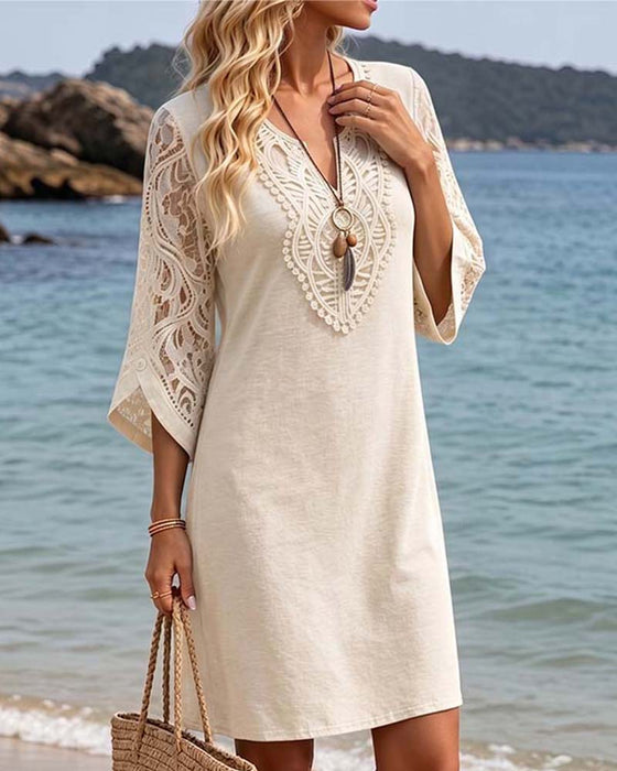 V-Neck Lace Solid Color Dress