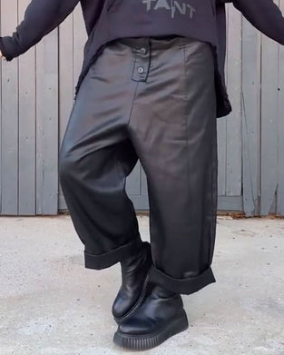 High Waist Wide Leg Rolled Hem Pants