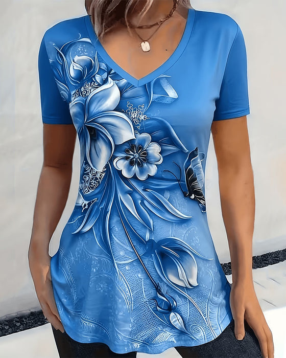 Floral V-Neck Short Sleeve T-Shirt