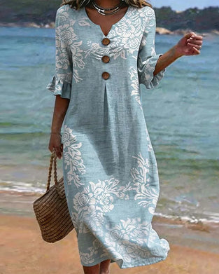 Ruffle Three-Button Print A-Line Dress