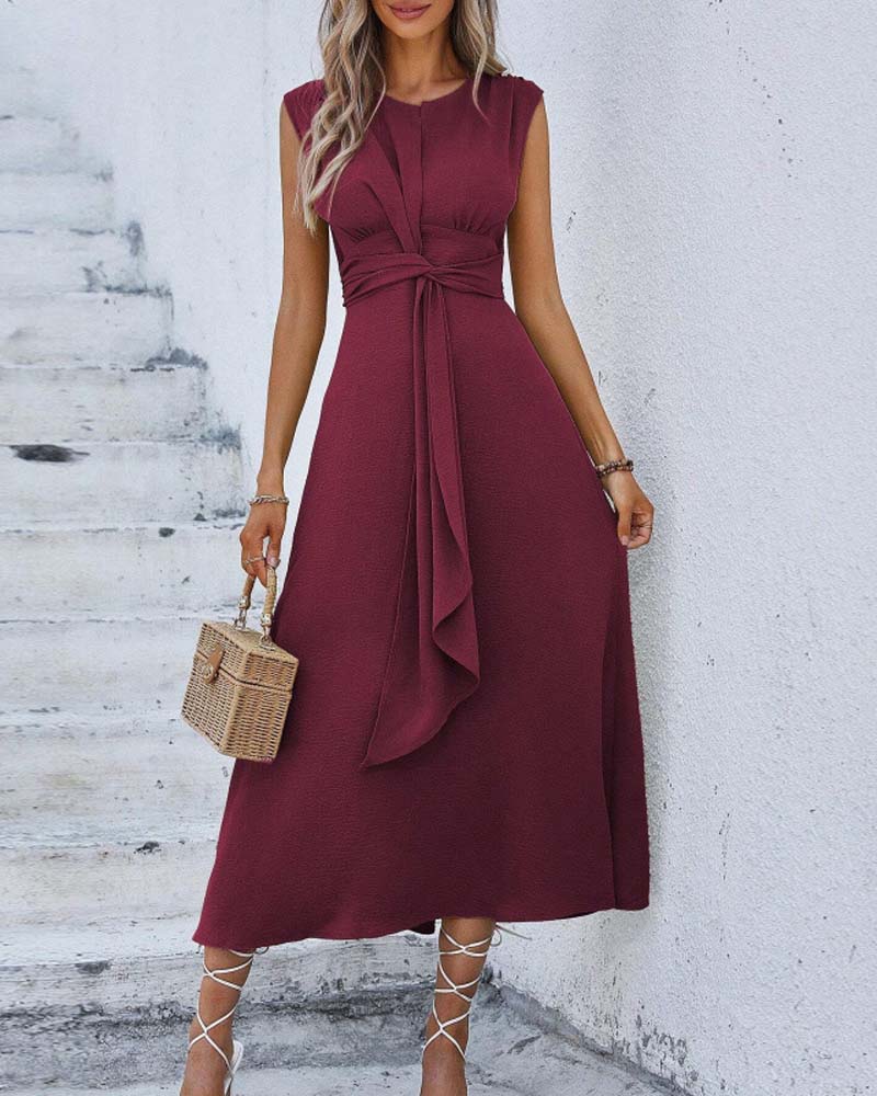 Solid Color Cinched Waist Tie Dress