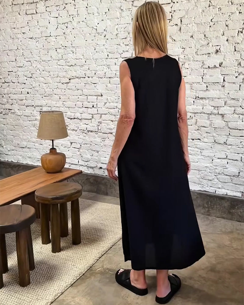 Sleeveless Color-Blocked Slit Dress