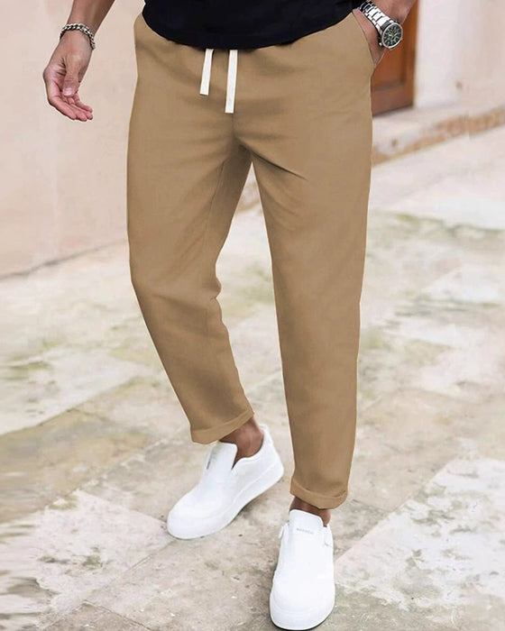 Men's Solid Drawstring Slim Fit Cropped Pant