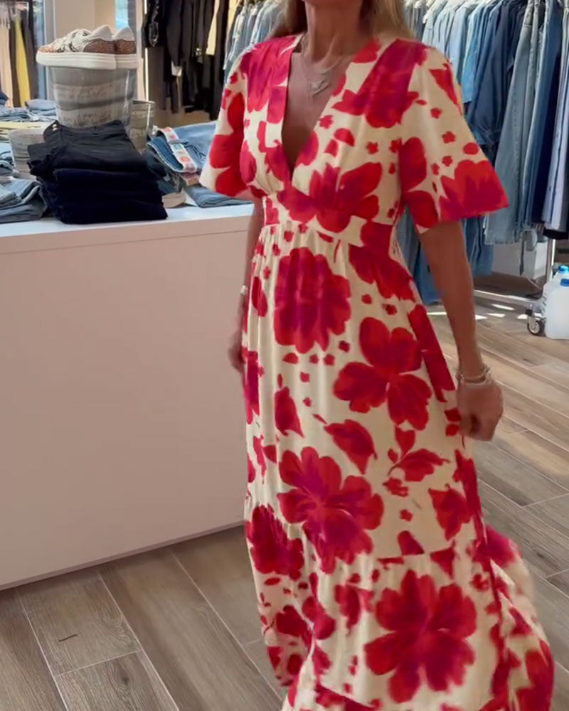 Deep V Resort Waist Printed Dress
