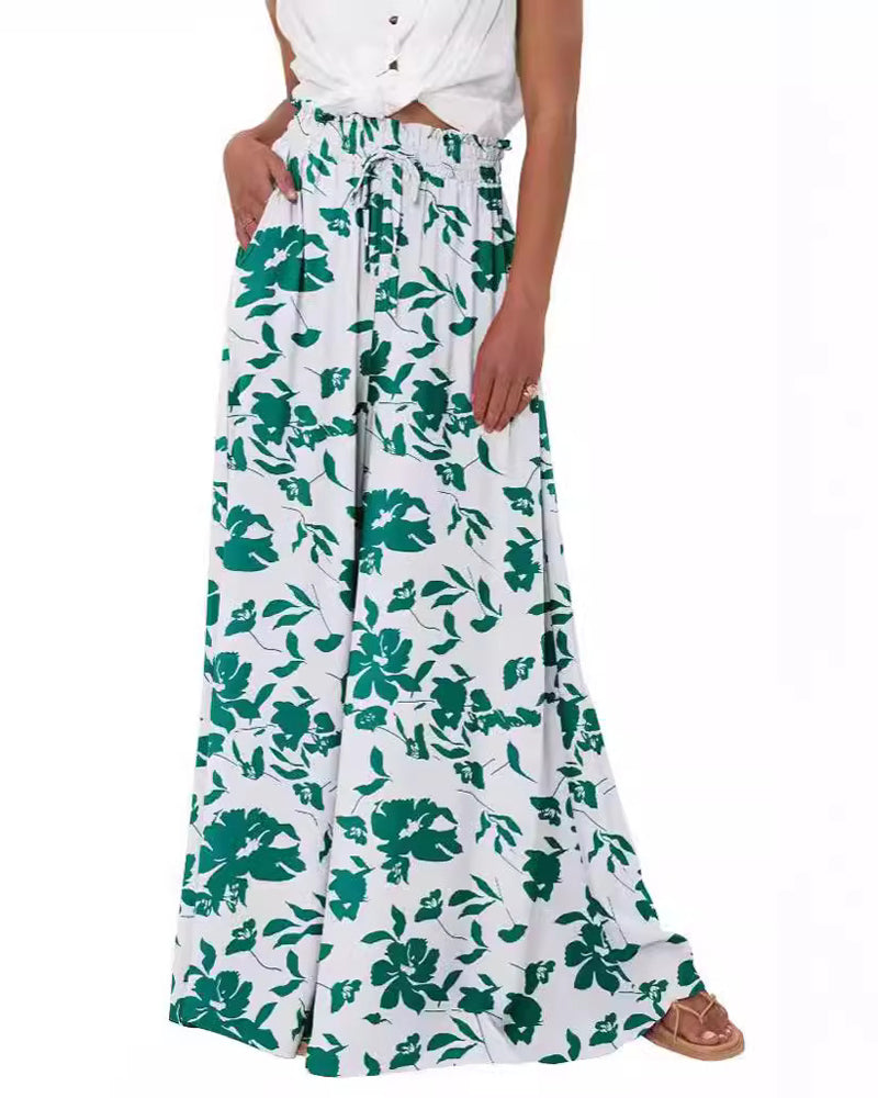 Floral Solid Color High-Waist Wide-Leg Pants