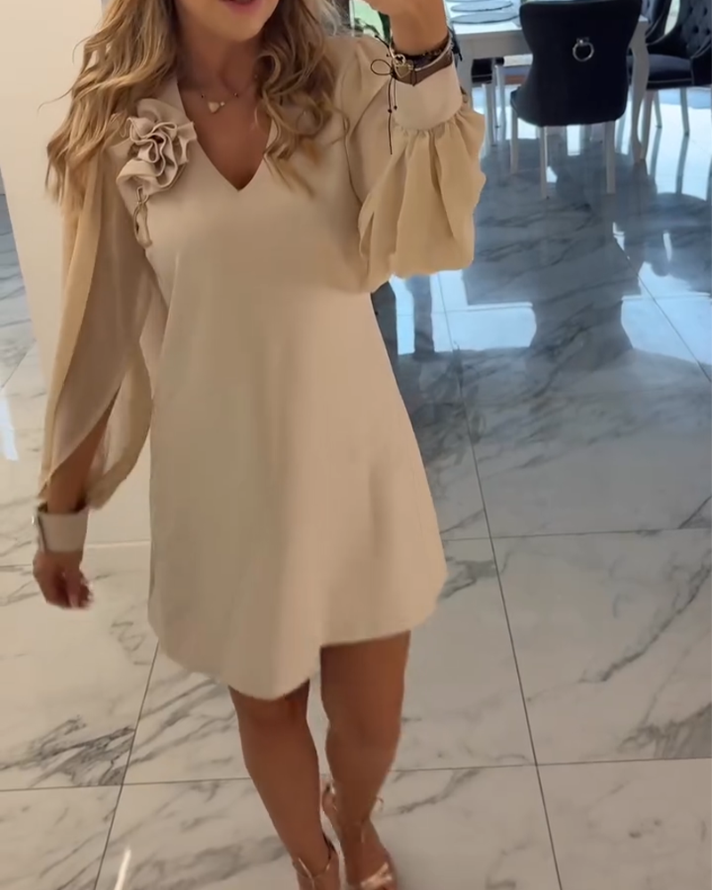 Three-Dimensional Flower V-Neck Lantern Sleeve Dress