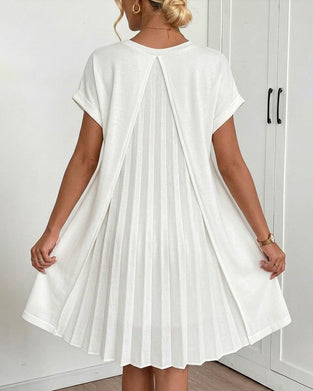 Pleated Short-Sleeved V-Neck Dress