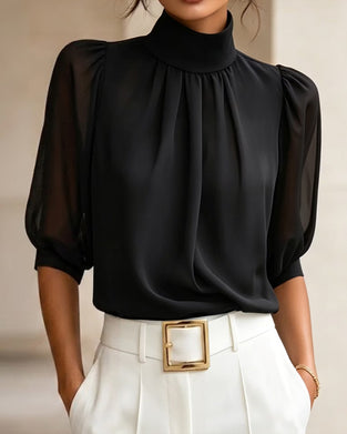 High Neck Puff Elbow-Length Sleeve Chiffon Blouse