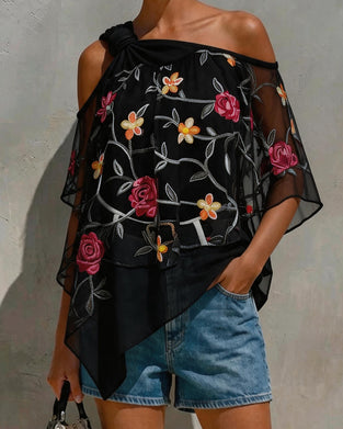 Mesh Rose One-Shoulder Twist Knot Blouse