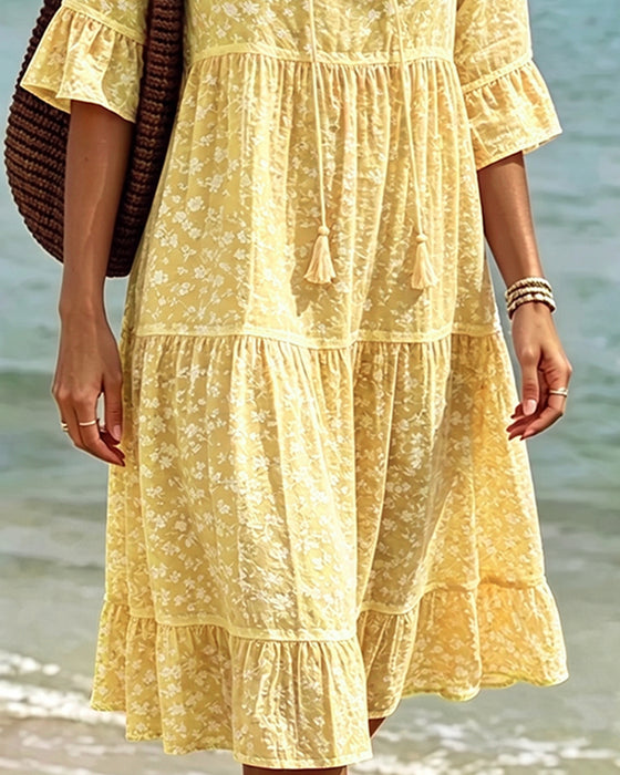 Tie V-Neck Ruffle Floral A-Line Dress
