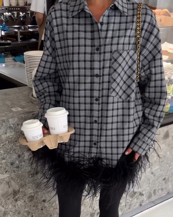 Ostrich Feather Trim Plaid Blouse