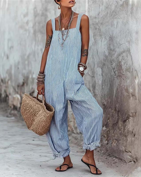 Wide Strap Striped Overalls Jumpsuit