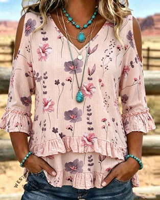 Floral Print Off Shoulder Ruffle Sleeve Blouse