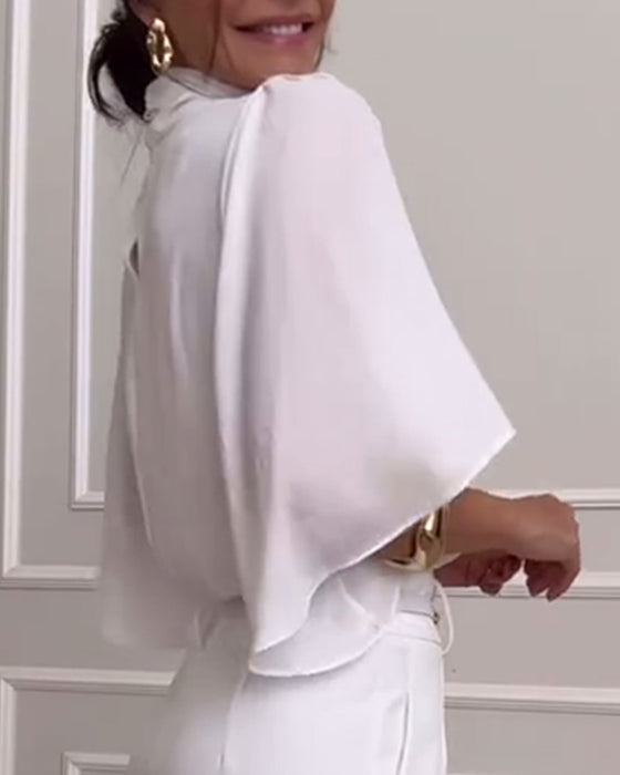 Solid color high collar  butterfly sleeve blouse