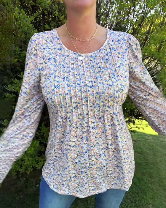 Puff Sleeve Floral Pleated Top