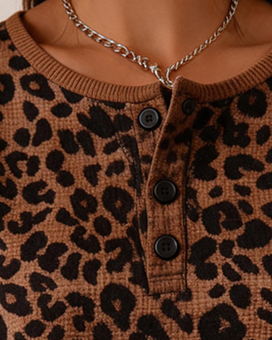 Henley Neck Leopard Print Waffle Top