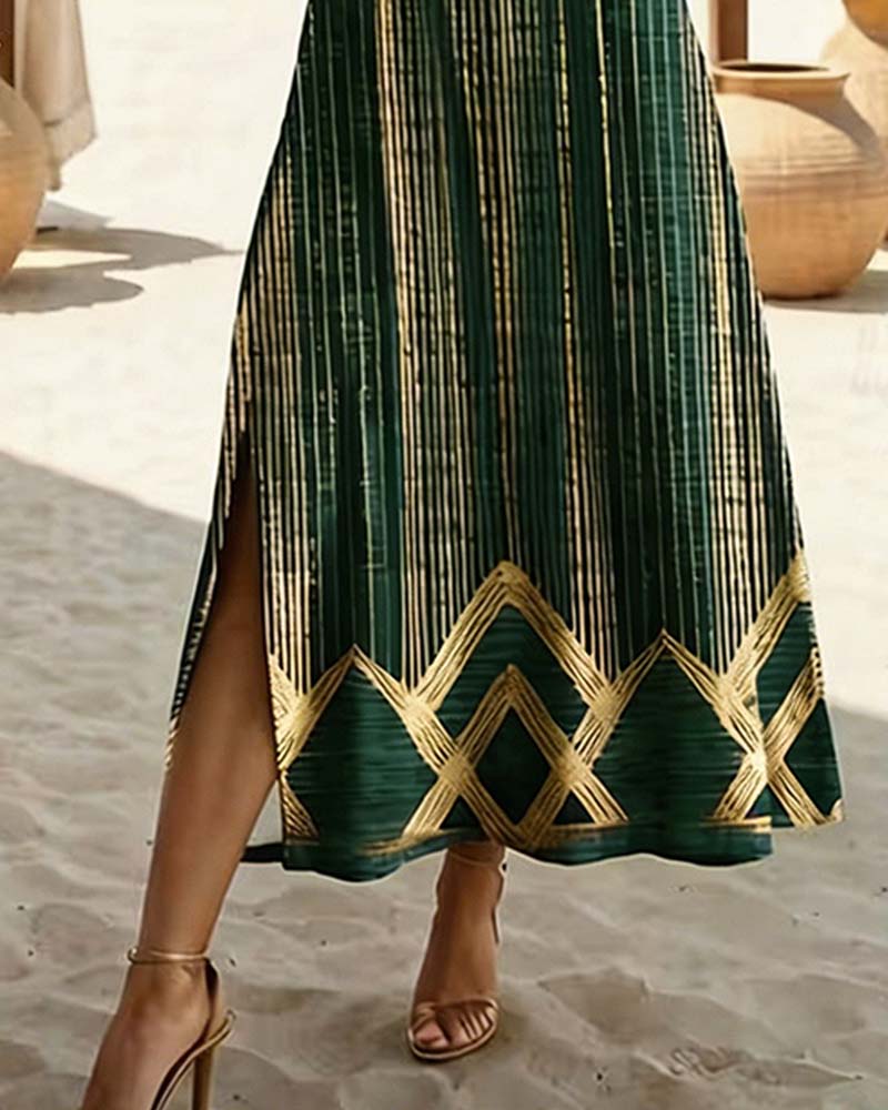 V-Neck Printed Holiday Maxi Dress