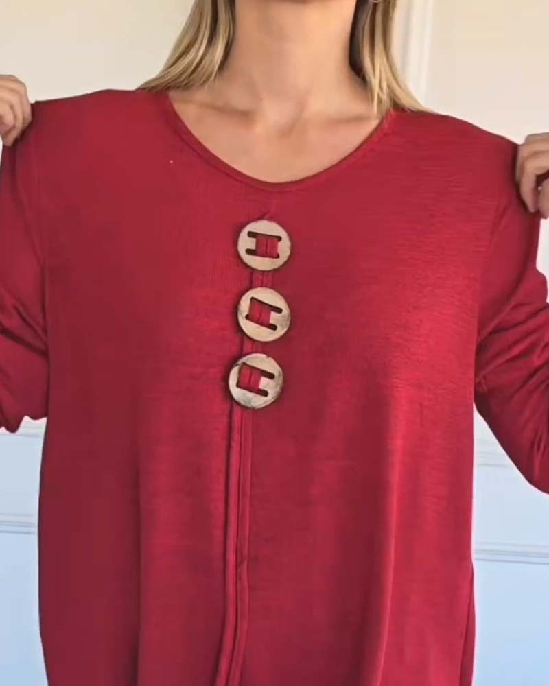 Wooden Button Long Sleeve Loose Top