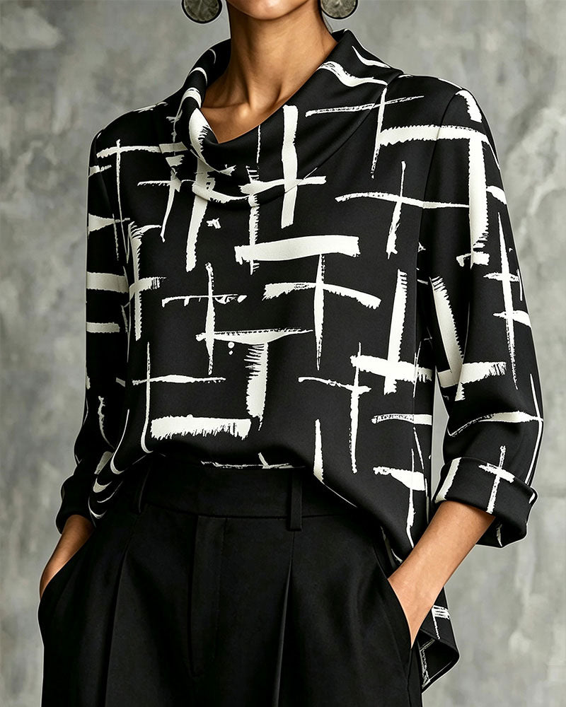 Mock Cowl Neck Cross Pattern Blouse