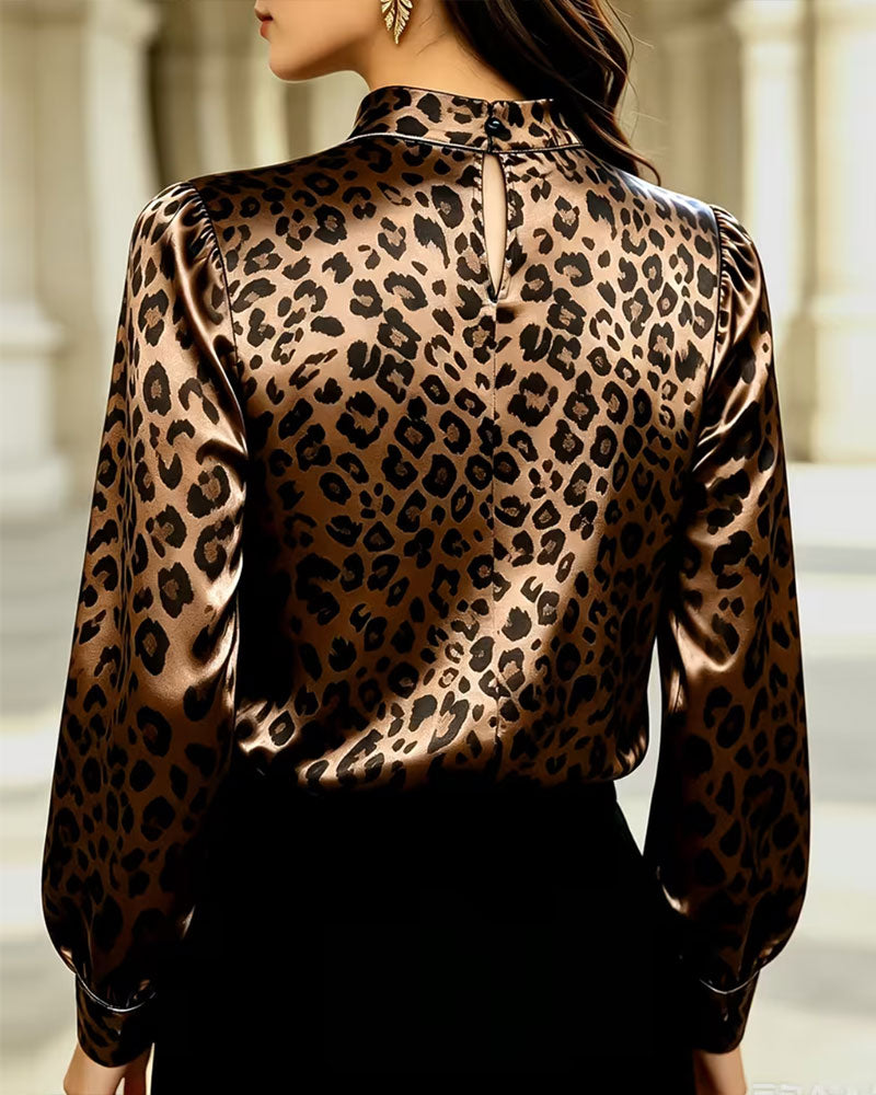 Mock Neck Leopard Contrast Drape Blouse