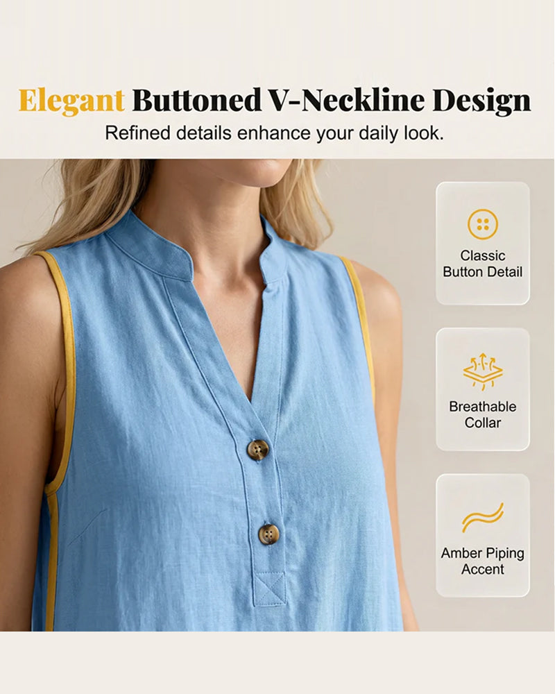 Stand Collar Button Patchwork Sleeveless Dress