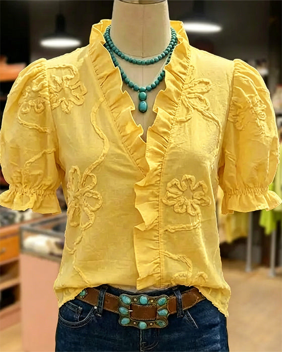 V-Neck Ruffle Trim Puff Sleeve Blouse