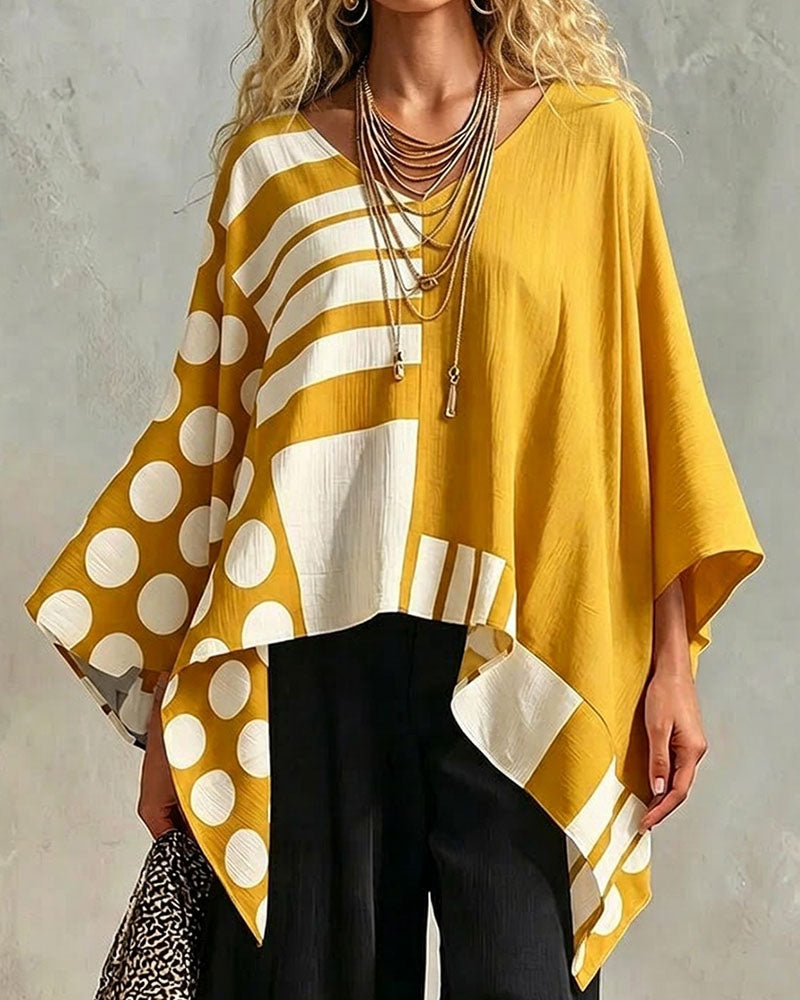 Polka Dot Stripe Patchwork V Neck Blouse