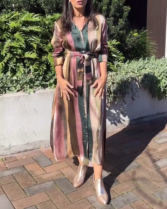 Lapel striped button casual dress