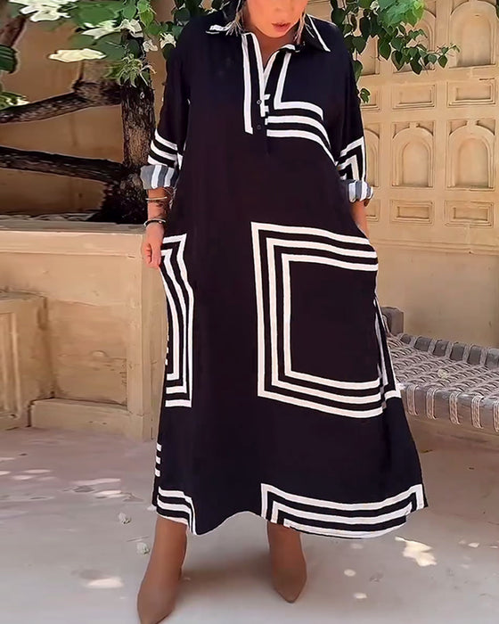 Lapel rectangular printed casual dress