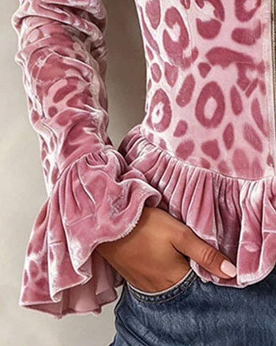 Ruffled Leopard Print Puff Sleeve Velvet Coat