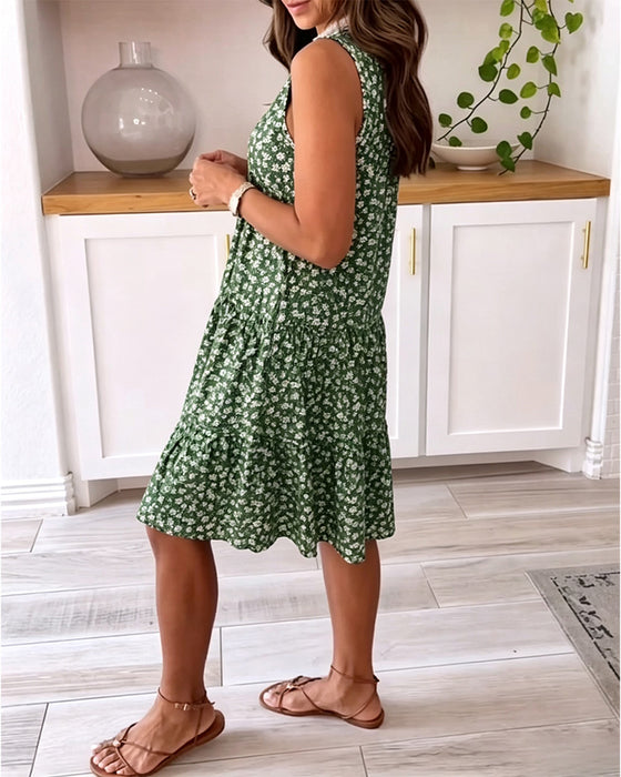 V-Neck Sleeveless Floral A-Line Dress
