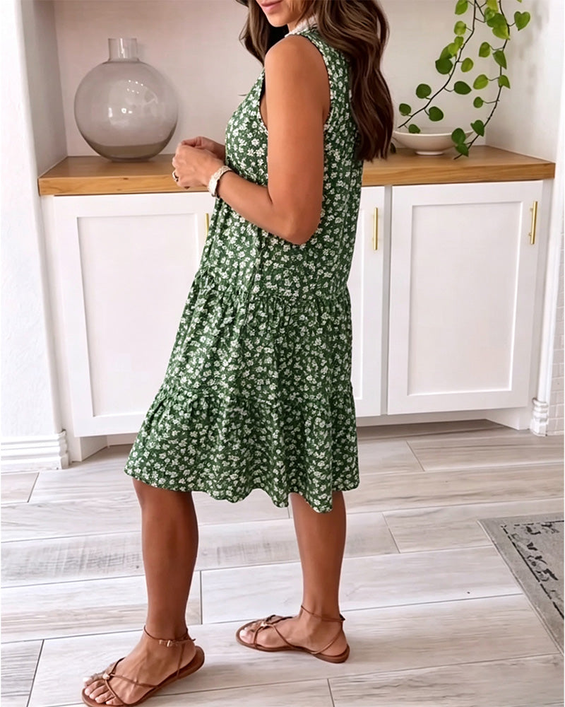 V-Neck Sleeveless Floral A-Line Dress