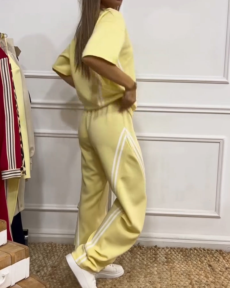 Athletic Stripe Trim Casual Two-Piece Set
