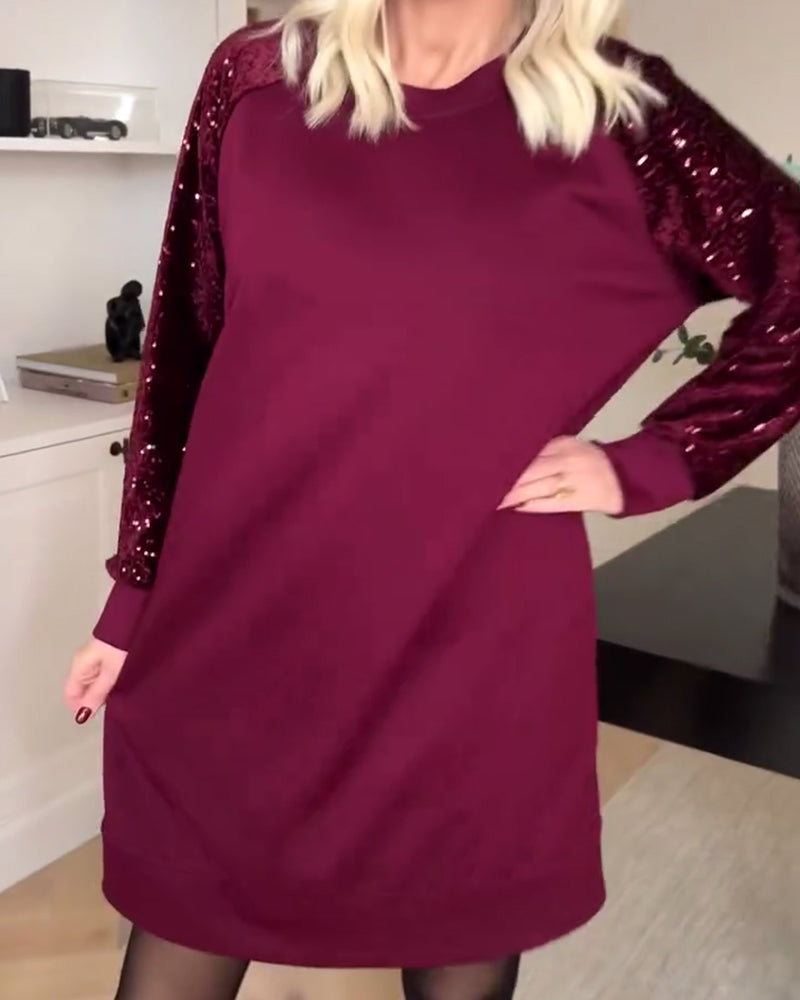 Pullover Crew Neck Long-Sleeved Sweatshirt Dress