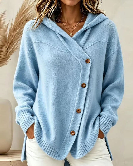 Buttoned Long Sleeve Hooded Pullover