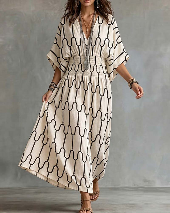 V-Neck Geometric Pattern A-Line Dress